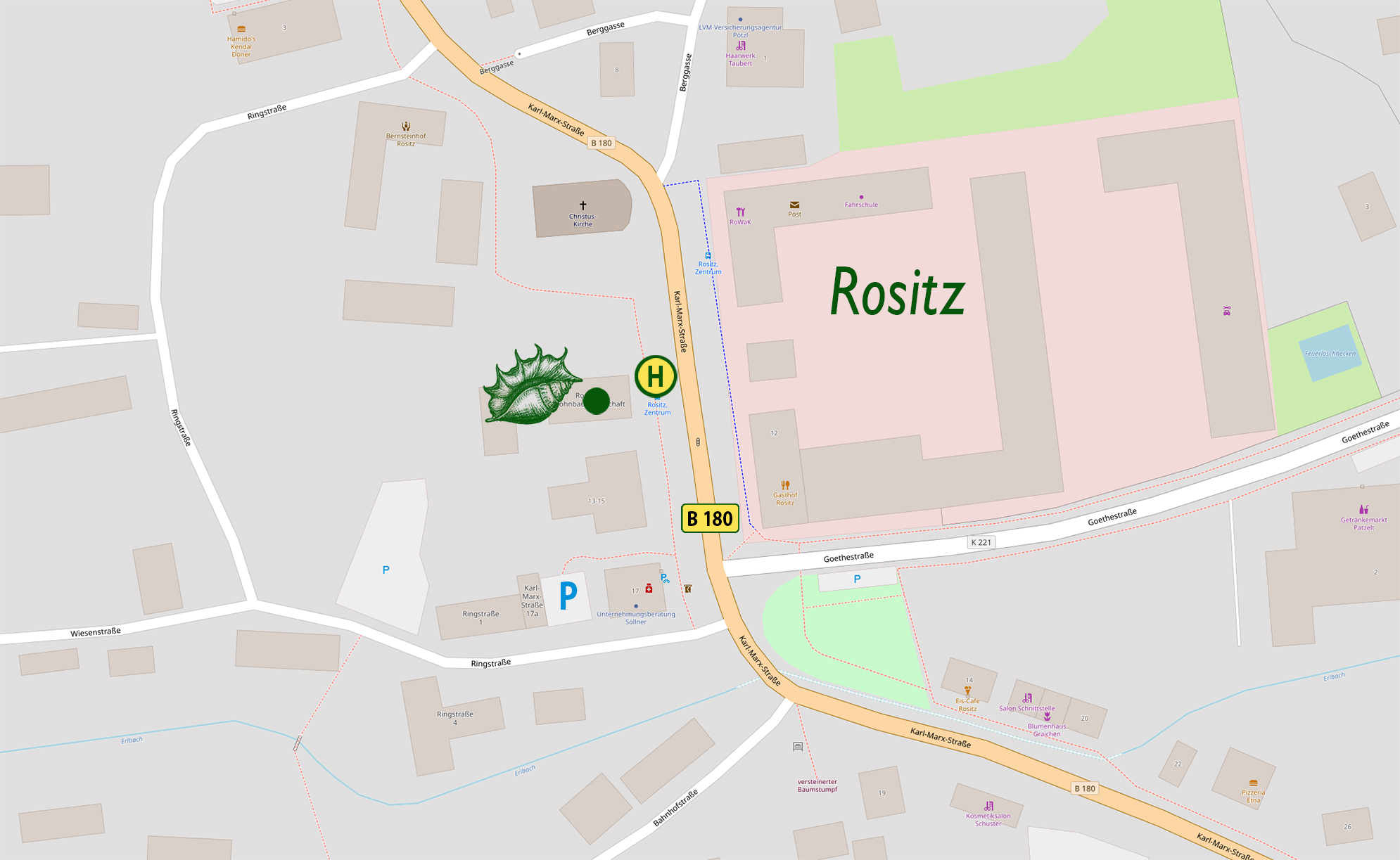 Karte vom Zentrum von Rositz mit markiertem Standort der Praxis